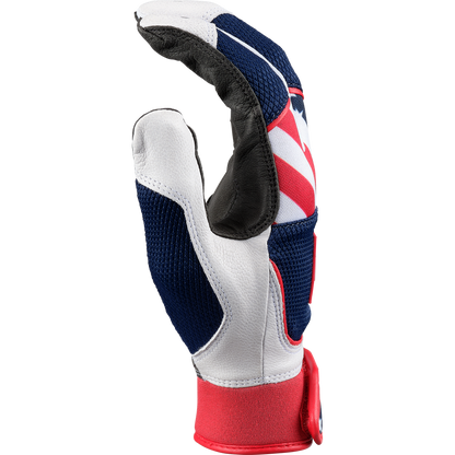 A close-up of Rawlings Workhorse OKC Women's Batting Gloves (WHOKCFPBG) in red, white, and blue with an Oiltac leather palm and red wrist strap, displayed against a plain white background.