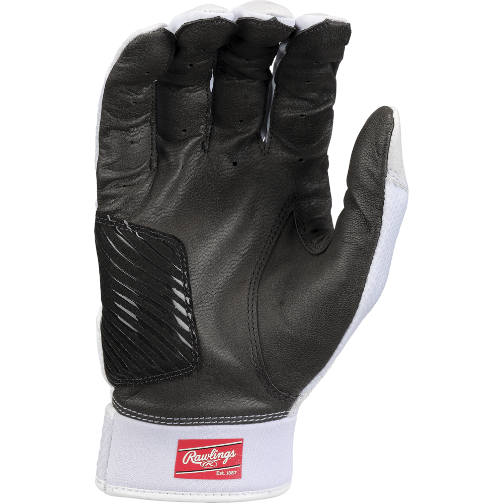 A black and white Rawlings Workhorse OKC Women's Batting Glove (WHOKCFPBG) is shown palm-up, with a red Rawlings logo patch on the wrist strap and an Oiltac Leather Palm for enhanced grip.