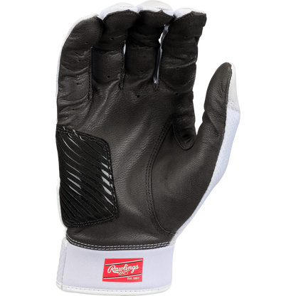 A black and white Rawlings Workhorse OKC Women's Batting Glove (WHOKCFPBG) is shown palm-up, with a red Rawlings logo patch on the wrist strap and an Oiltac Leather Palm for enhanced grip.