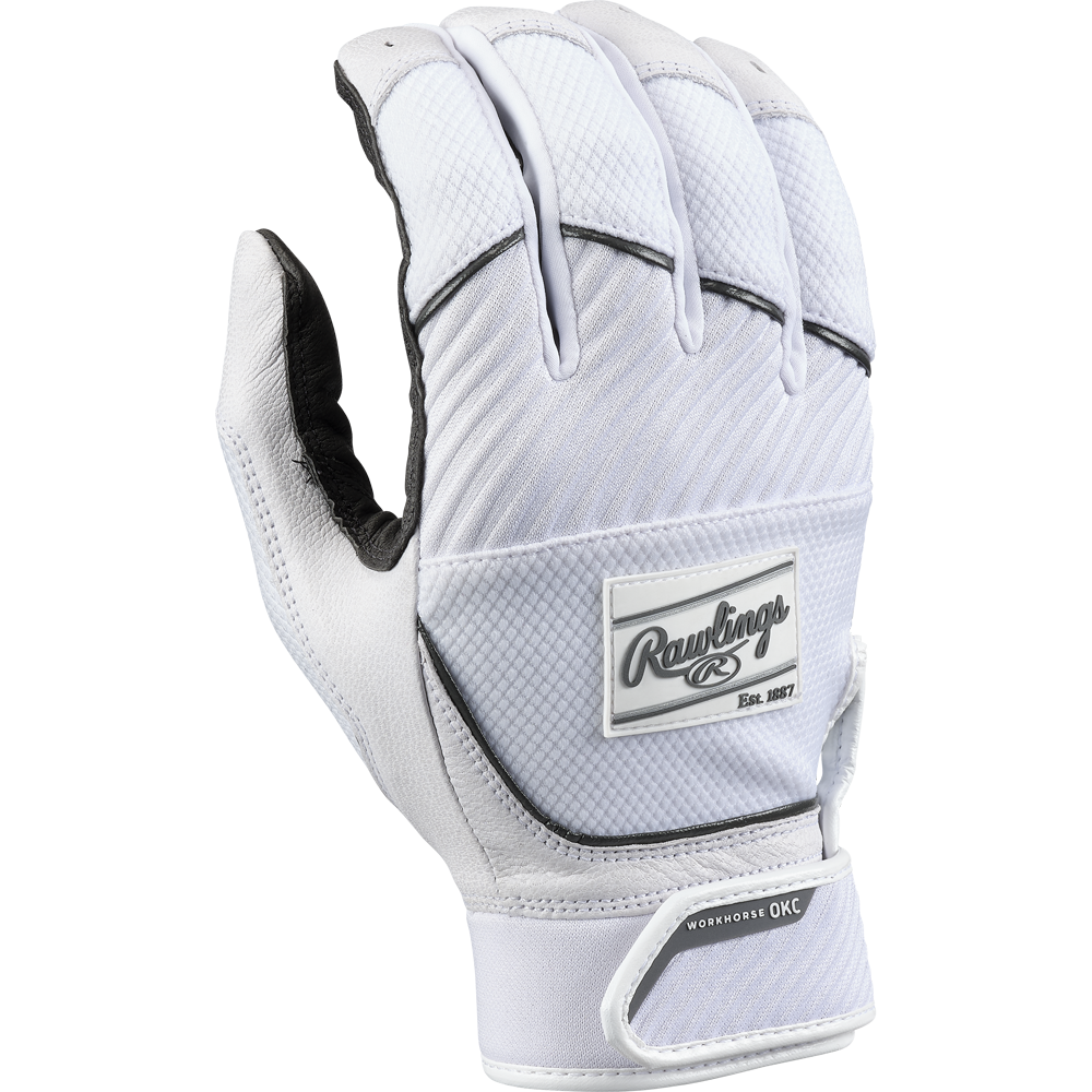 The Rawlings Workhorse OKC Women's Batting Gloves (WHOKCFPBG) feature a white design with black lining, Oiltac leather palm for superior grip, Velcro strap labeled WORKHORSE OXG, and the Rawlings logo on the back of the hand.
