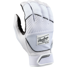 The Rawlings Workhorse OKC Women's Batting Gloves (WHOKCFPBG) feature a white design with black lining, Oiltac leather palm for superior grip, Velcro strap labeled WORKHORSE OXG, and the Rawlings logo on the back of the hand.