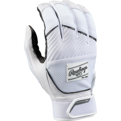 The Rawlings Workhorse OKC Women's Batting Gloves (WHOKCFPBG) feature a white design with black lining, Oiltac leather palm for superior grip, Velcro strap labeled WORKHORSE OXG, and the Rawlings logo on the back of the hand.
