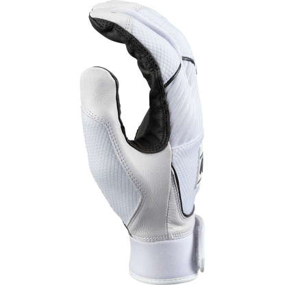 A Rawlings Workhorse OKC Women's Batting Glove (WHOKCFPBG) in black and white is shown upright with the palm partially facing out, fingers slightly bent, and a Velcro wrist strap, set against a plain white background.