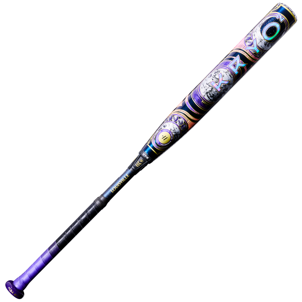 The 2027 Louisville Slugger Kryo2 Empress (-11) Fastpitch Softball Bat: WL2700301 features vibrant, multi-colored barrel designs with a black handle and purple knob—ideal for slap hitters.