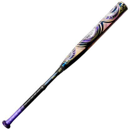The 2027 Louisville Slugger Kryo2 Empress (-11) Fastpitch Softball Bat: WL2700301 features black construction with purple, gold, and orange swirls plus a purple handle grip—ideal for slap hitters wanting style and performance.