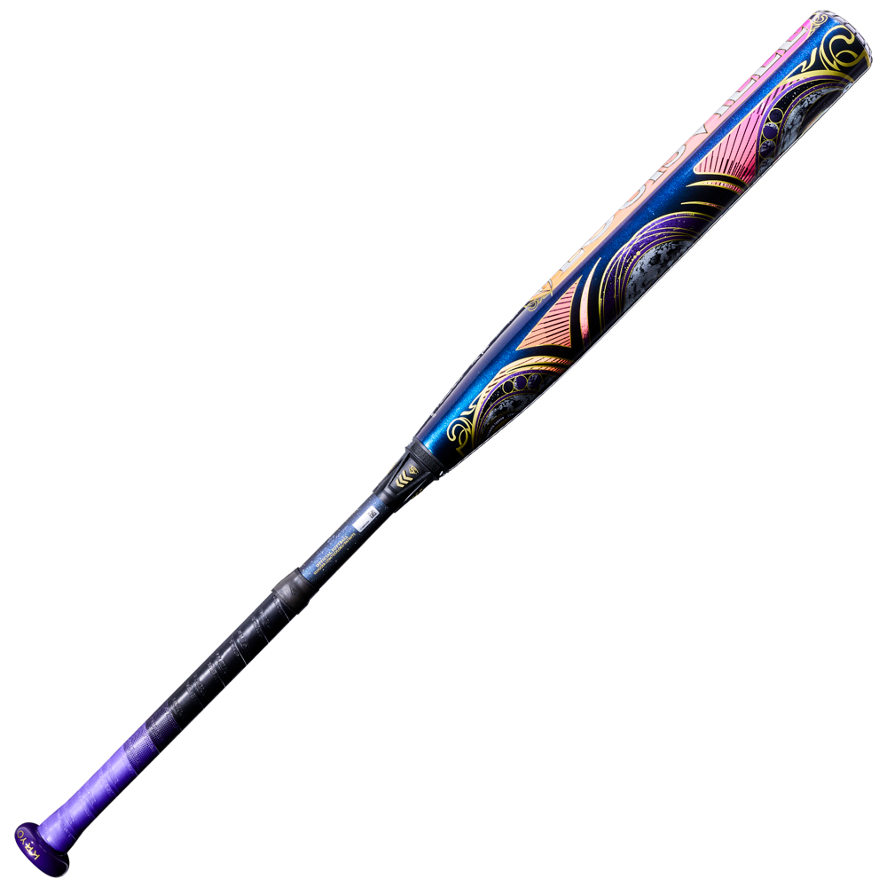 The 2027 Louisville Slugger Kryo2 Empress (-11) Fastpitch Softball Bat: WL2700301 showcases bold blue, pink, yellow, and purple designs with a purple grip—ideal for slap hitters.