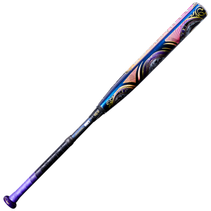 The 2027 Louisville Slugger Kryo2 Empress (-11) Fastpitch Softball Bat: WL2700301 showcases bold blue, pink, yellow, and purple designs with a purple grip—ideal for slap hitters.