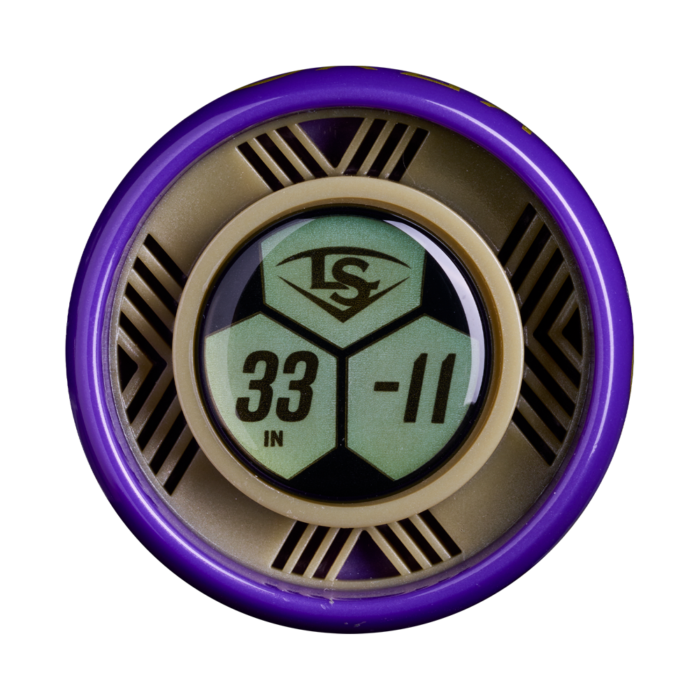 A circular Louisville Slugger fastpitch bat knob sticker with a purple rim, labeled LS and 33 IN -11 in black on green, for the 2027 Louisville Slugger Kryo2 Empress (-11) Fastpitch Softball Bat: WL2700301.