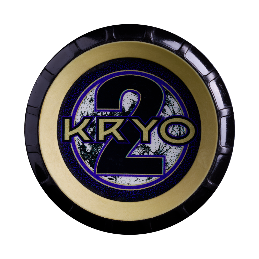 A round black and gold disc with a large number 2 and “KRYO”—the perfect accessory for fans of the 2027 Louisville Slugger Kryo2 Empress (-11) Fastpitch Softball Bat: WL2700301.