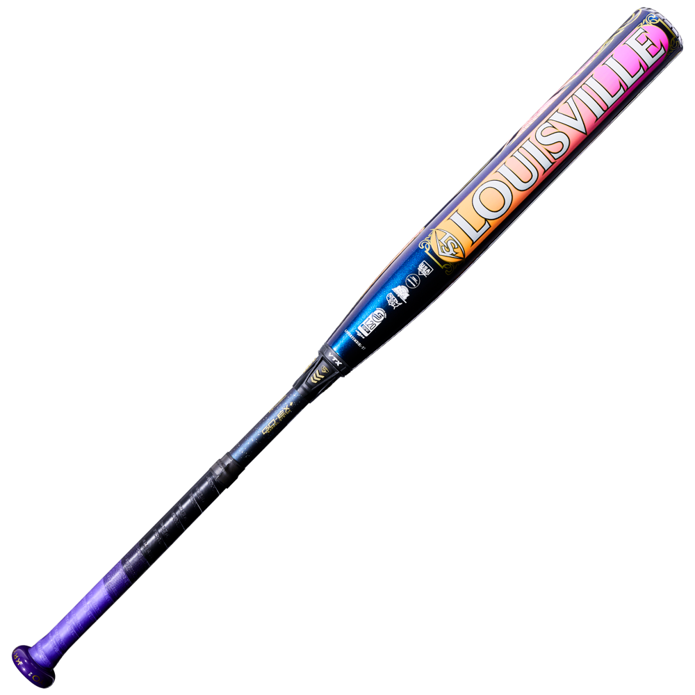 The 2027 Louisville Slugger Kryo2 Empress (-10) Fastpitch Softball Bat: WL2700401 features bold LOUISVILLE branding, a blue-yellow-orange-pink gradient barrel, purple handle, and advanced GO-EX+ Barrel System.