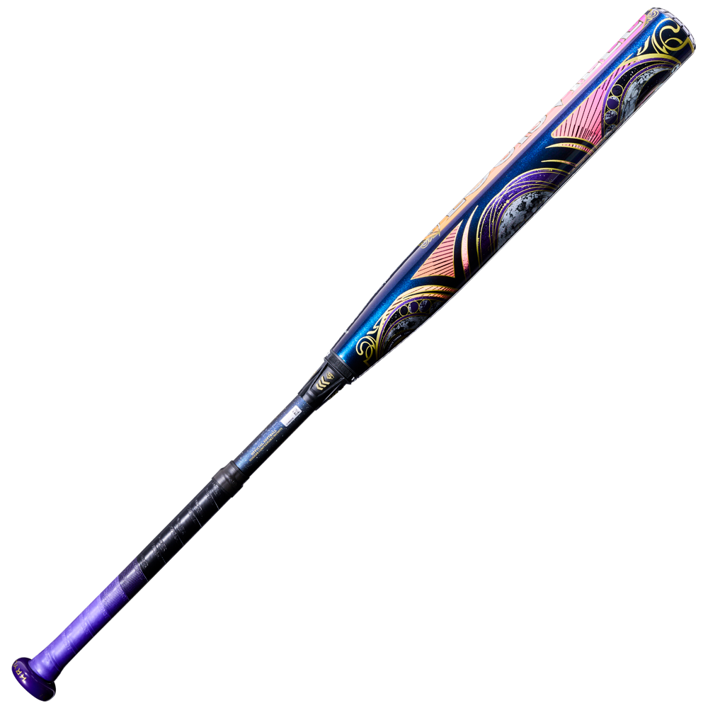 The 2027 Louisville Slugger Kryo2 Empress (-10) Fastpitch Softball Bat: WL2700401 features a black handle and a vibrant, artistic GO-EX+ Barrel System in purple, pink, orange, and blue on a white background.