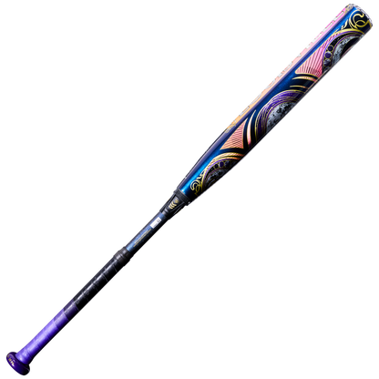 The 2027 Louisville Slugger Kryo2 Empress (-10) Fastpitch Softball Bat: WL2700401 features a black handle and a vibrant, artistic GO-EX+ Barrel System in purple, pink, orange, and blue on a white background.