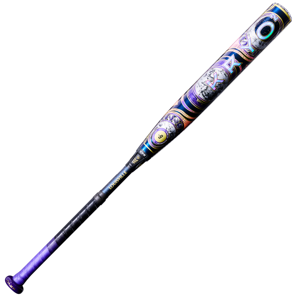 The 2027 Louisville Slugger Kryo2 Empress (-9) Fastpitch Softball Bat: WL2700501 features intricate purple, blue, and gold barrel designs with a black and purple handle plus the advanced GO-EX+ Barrel System.