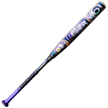 The 2027 Louisville Slugger Kryo2 Empress (-9) Fastpitch Softball Bat: WL2700501 features intricate purple, blue, and gold barrel designs with a black and purple handle plus the advanced GO-EX+ Barrel System.