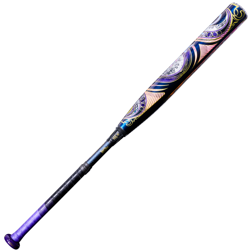 The 2027 Louisville Slugger Kryo2 Empress (-9) Fastpitch Softball Bat: WL2700501 features a black handle and a vibrant purple, gold, and white design on the GO-EX+ Barrel System.