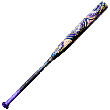 The 2027 Louisville Slugger Kryo2 Empress (-9) Fastpitch Softball Bat: WL2700501 features a black handle and a vibrant purple, gold, and white design on the GO-EX+ Barrel System.