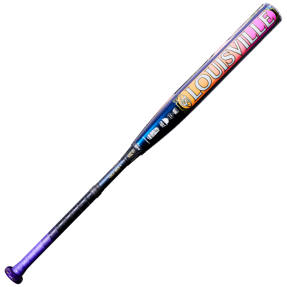 The 2027 Louisville Slugger Kryo2 Empress (-9) Fastpitch Softball Bat: WL2700501 features a purple handle with gradient orange-to-pink GO-EX+ Barrel System branding, shown on a white background.