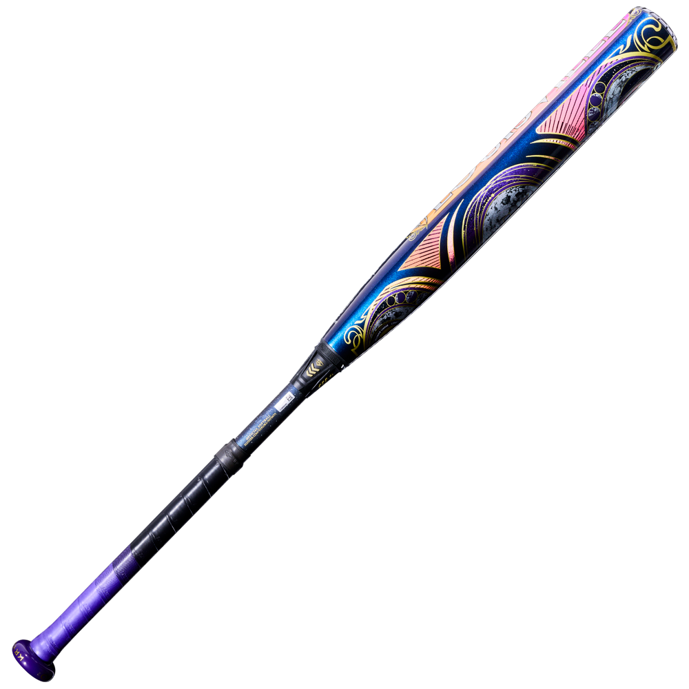 The 2027 Louisville Slugger Kryo2 Empress (-9) Fastpitch Softball Bat: WL2700501 features a black handle, purple grip, and vibrant swirling patterns in pink, purple, gold, and blue on the barrel.