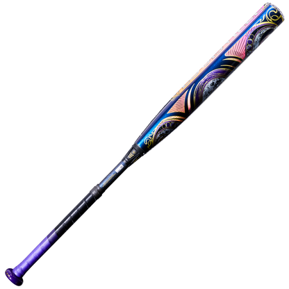 The 2027 Louisville Slugger Kryo2 Empress (-9) Fastpitch Softball Bat: WL2700501 features a black handle, purple grip, and vibrant swirling patterns in pink, purple, gold, and blue on the barrel.