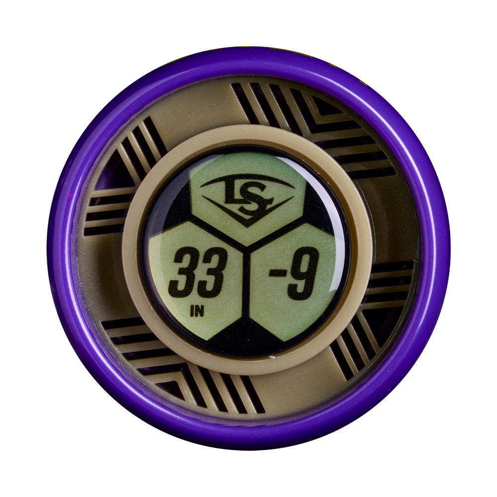 A close-up of a circular badge with a purple edge, featuring “33 IN -9” and the Louisville Slugger LS logo, on the 2027 Louisville Slugger Kryo2 Empress (-9) Fastpitch Softball Bat: WL2700501.