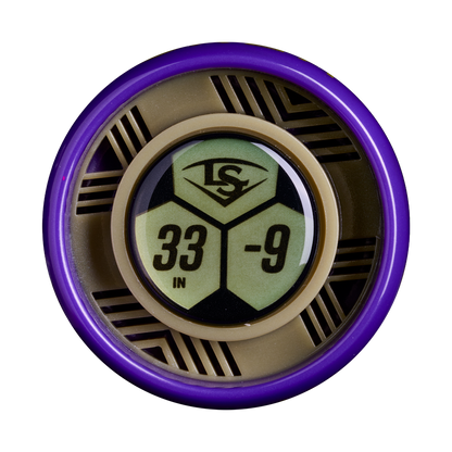 A close-up of a circular badge with a purple edge, featuring “33 IN -9” and the Louisville Slugger LS logo, on the 2027 Louisville Slugger Kryo2 Empress (-9) Fastpitch Softball Bat: WL2700501.