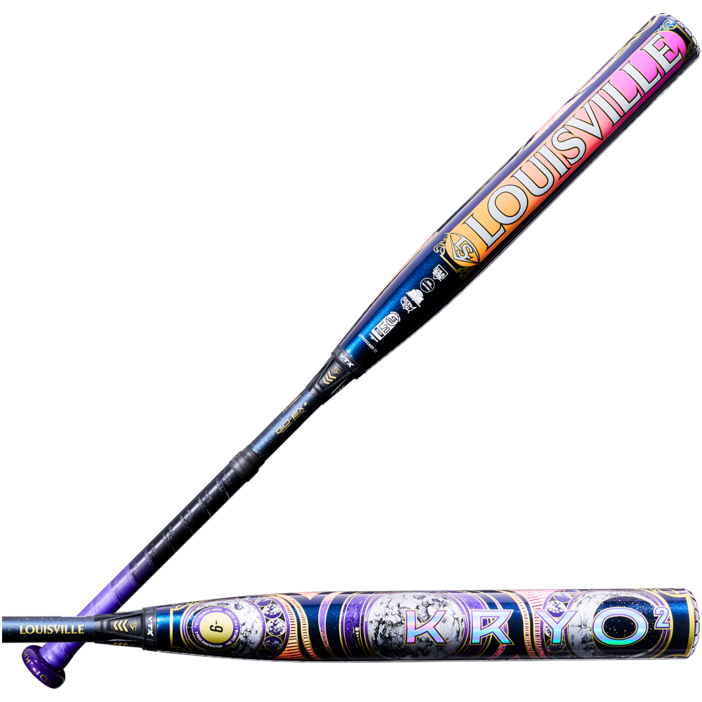 The 2027 Louisville Slugger Kryo2 Empress (-9) Fastpitch Softball Bat: WL2700501 features bold graphics and the GO-EX+ Barrel System in a vibrant purple, orange, and blue design.
