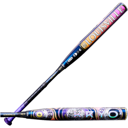 The 2027 Louisville Slugger Kryo2 Empress (-9) Fastpitch Softball Bat: WL2700501 features bold graphics and the GO-EX+ Barrel System in a vibrant purple, orange, and blue design.