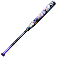 The 2027 Louisville Slugger Kryo2 Empress (-8) Fastpitch Softball Bat: WL2700601 features vibrant purple, yellow, and white designs, resting diagonally on a white background for a bold, eye-catching look.