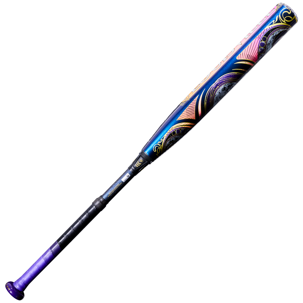 The 2027 Louisville Slugger Kryo2 Empress (-8) Fastpitch Softball Bat: WL2700601 features a purple handle and vibrant swirls of blue, pink, yellow, and black on the barrel, displayed on a white background.