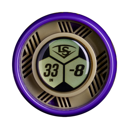 A round, purple and beige 2027 Louisville Slugger Kryo2 Empress (-8) Fastpitch Softball Bat: WL2700601 end cap shows LS above 33 IN and -8 on a hexagonal pattern background.