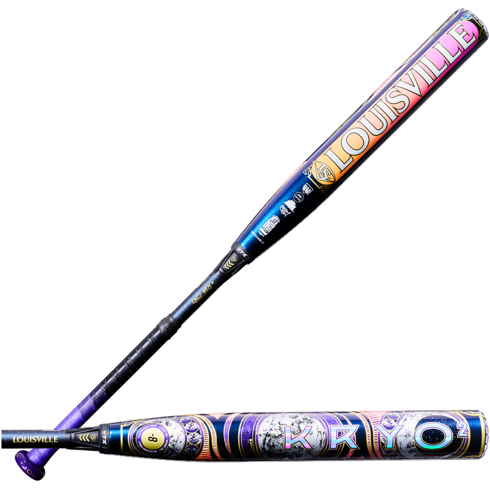 Two Louisville Slugger bats are shown, including the 2027 Louisville Slugger Kryo2 Empress (-8) Fastpitch Softball Bat: WL2700601, both featuring intricate, colorful patterns on a white background.
