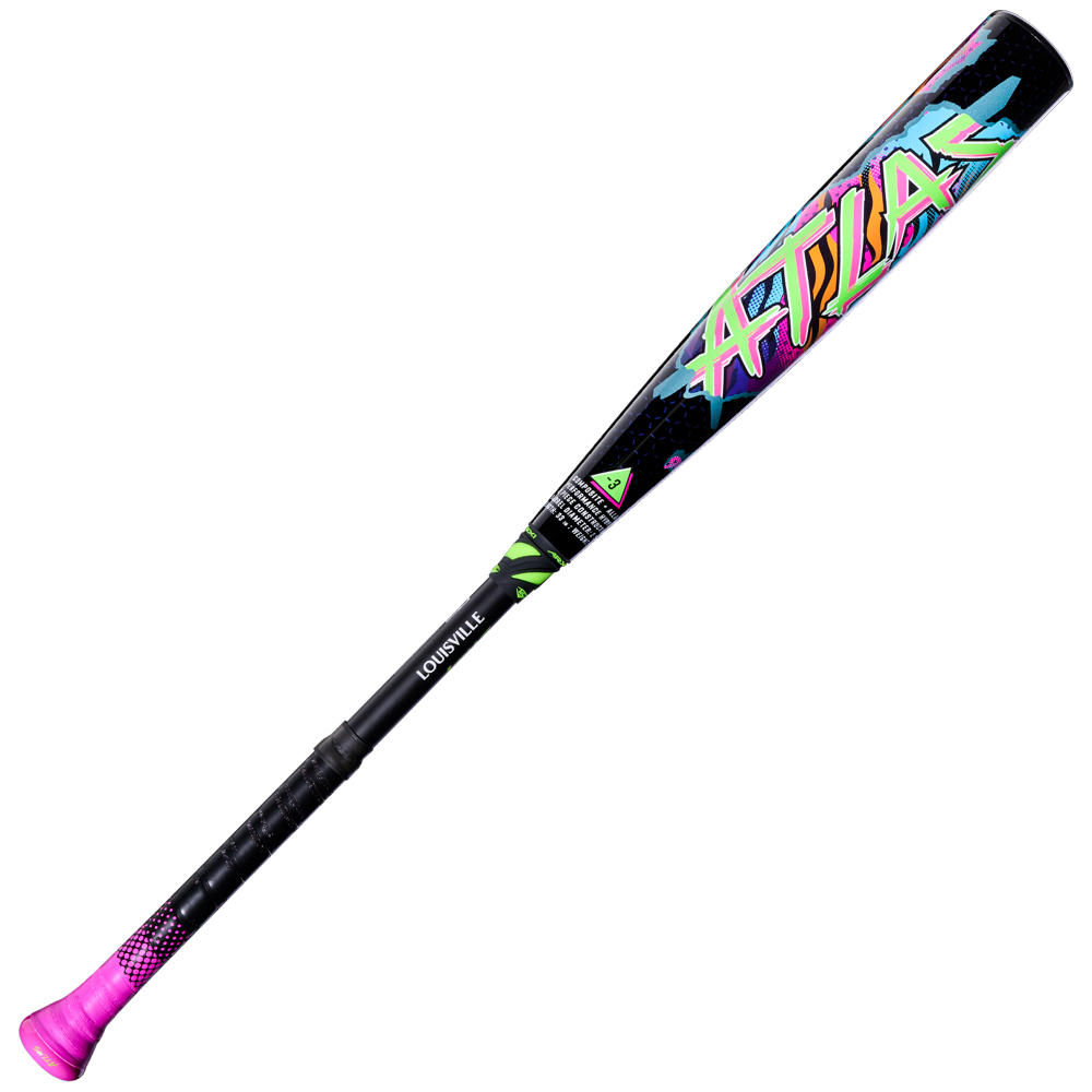2027 Louisville Slugger Atlas Hybrid Neon Night (-3) BBCOR Baseball Bat in black with a neon-colored graphic and a bright pink handle grip.