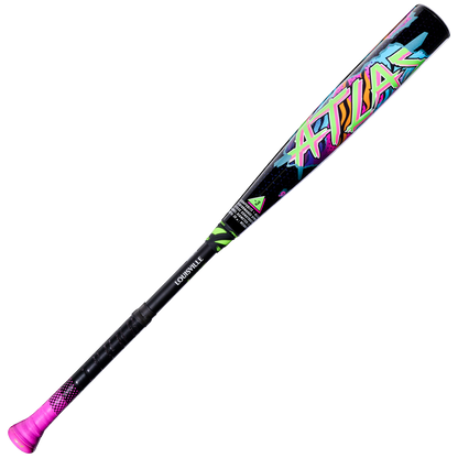 2027 Louisville Slugger Atlas Hybrid Neon Night (-3) BBCOR Baseball Bat in black with a neon-colored graphic and a bright pink handle grip.