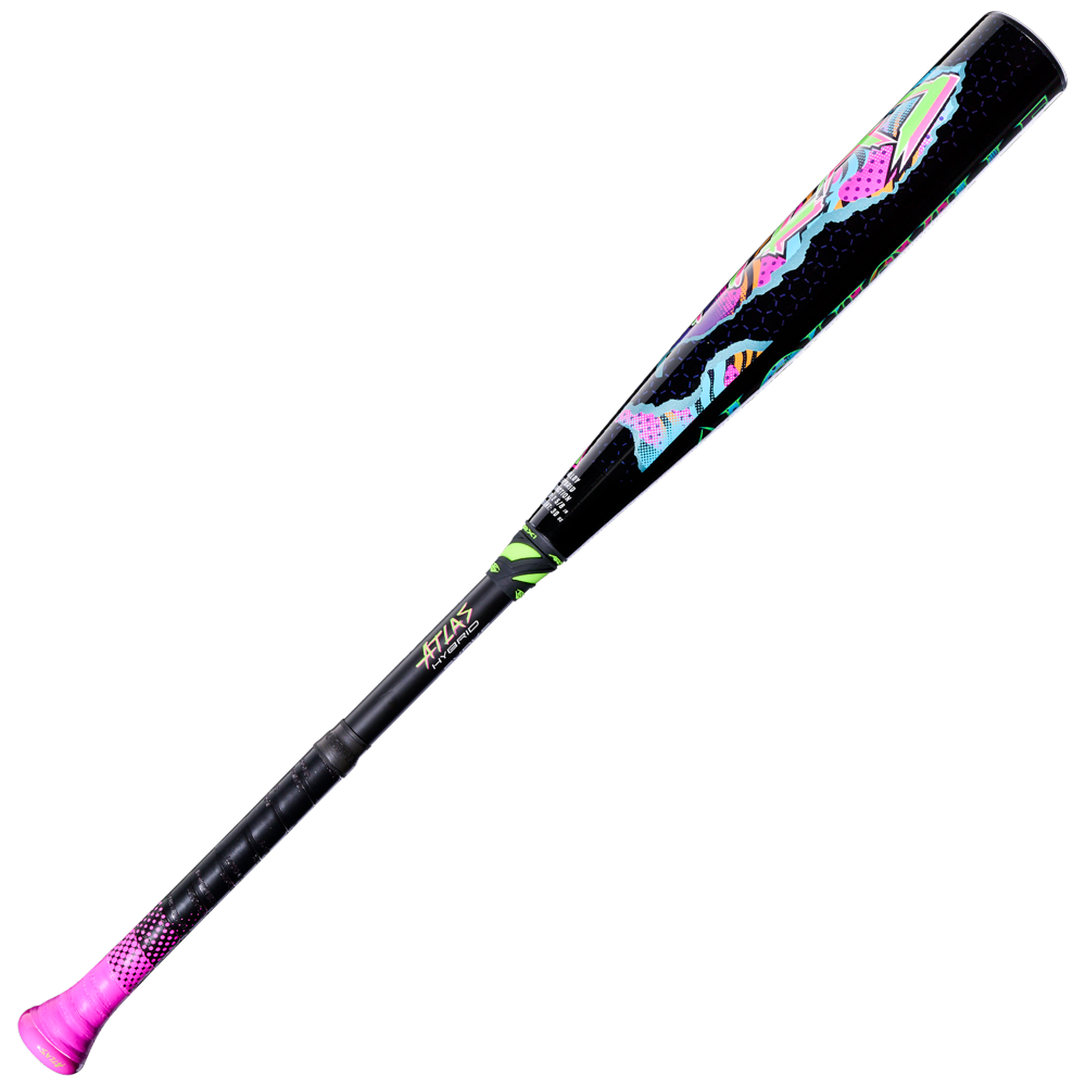 2027 Louisville Slugger Atlas Hybrid Neon Night (-3) BBCOR Baseball Bat with a pink handle, featuring a neon-colored abstract geometric design on the EVOKE Alloy barrel and the text ATLAS HYBRID near the grip.