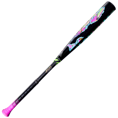 2027 Louisville Slugger Atlas Hybrid Neon Night (-3) BBCOR Baseball Bat with a pink handle, featuring a neon-colored abstract geometric design on the EVOKE Alloy barrel and the text ATLAS HYBRID near the grip.
