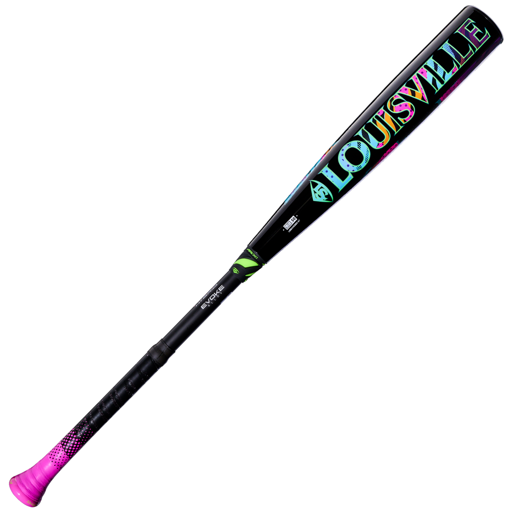 2027 Louisville Slugger Atlas Hybrid Neon Night (-3) BBCOR Baseball Bat with neon-colored graphic lettering, an EVOKE alloy barrel, and a pink handle knob.