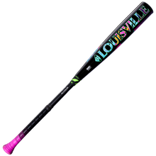 2027 Louisville Slugger Atlas Hybrid Neon Night (-3) BBCOR Baseball Bat with neon-colored graphic lettering, an EVOKE alloy barrel, and a pink handle knob.