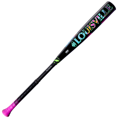 2027 Louisville Slugger Atlas Hybrid Neon Night (-3) BBCOR Baseball Bat with neon-colored graphic lettering, an EVOKE alloy barrel, and a pink handle knob.