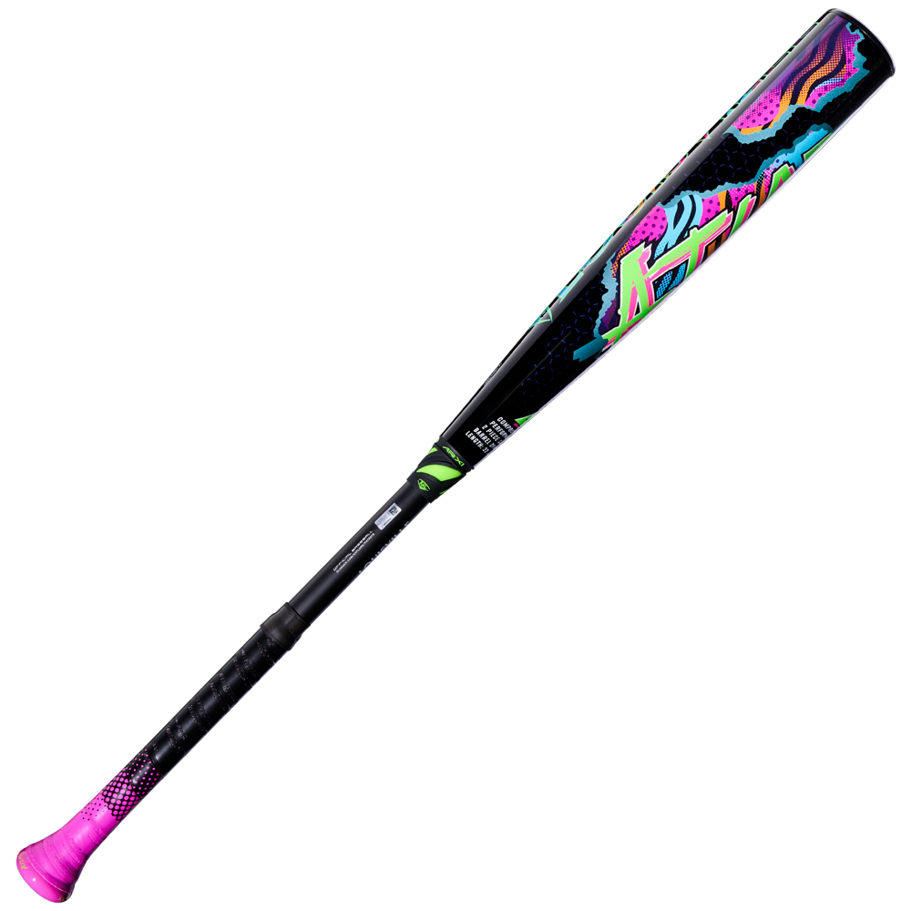 2027 Louisville Slugger Atlas Hybrid Neon Night (-3) BBCOR Baseball Bat with a black EVOKE alloy barrel featuring colorful, patterned graphics, a black handle, and a bright pink knob.