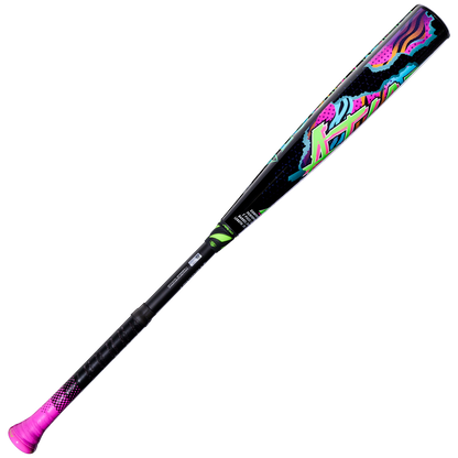 2027 Louisville Slugger Atlas Hybrid Neon Night (-3) BBCOR Baseball Bat with a black EVOKE alloy barrel featuring colorful, patterned graphics, a black handle, and a bright pink knob.