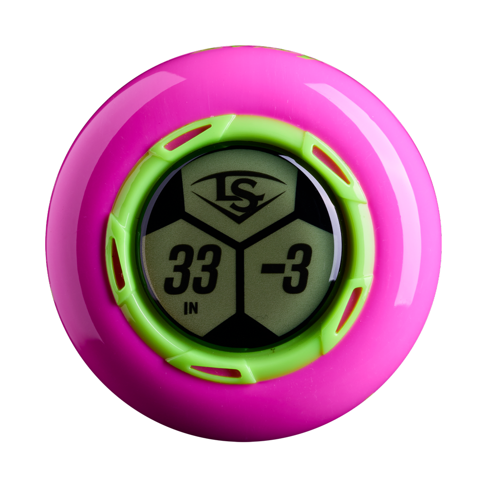 Neon pink and green end cap of a 2027 Louisville Slugger Atlas Hybrid Neon Night (-3) BBCOR Baseball Bat, displaying a 33-inch length and a -3 drop weight.