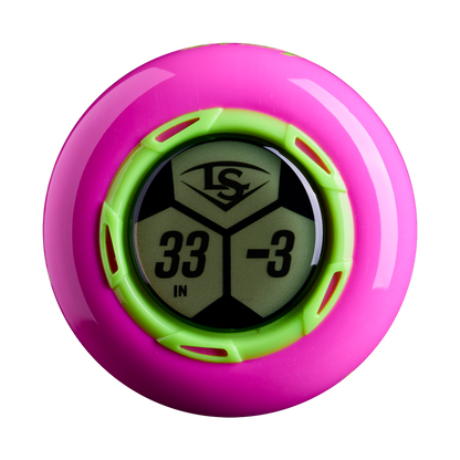 Neon pink and green end cap of a 2027 Louisville Slugger Atlas Hybrid Neon Night (-3) BBCOR Baseball Bat, displaying a 33-inch length and a -3 drop weight.