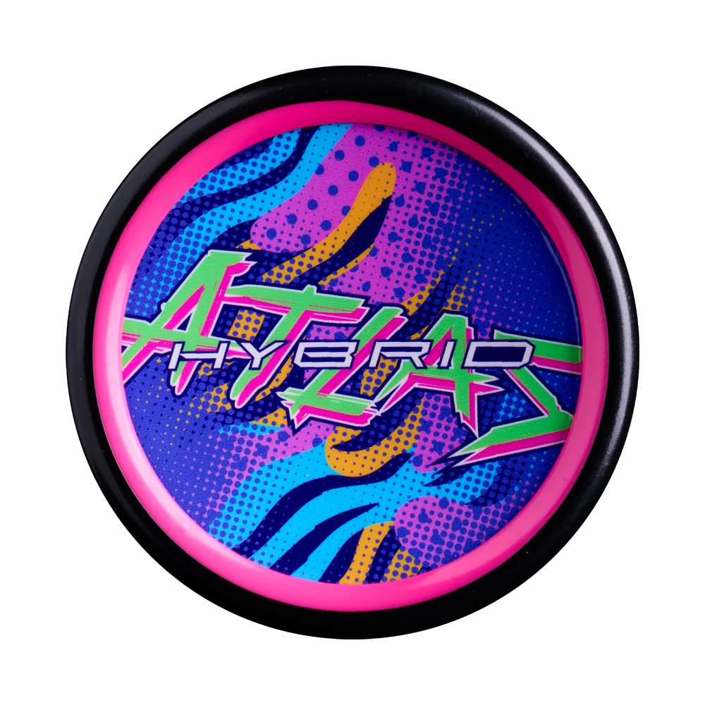 Circular end cap of the 2027 Louisville Slugger Atlas Hybrid Neon Night (-3) BBCOR Baseball Bat: WL2701801, featuring a neon-colored graphic with the word ATLAS in stylized green lettering and the word HYBRID in white.