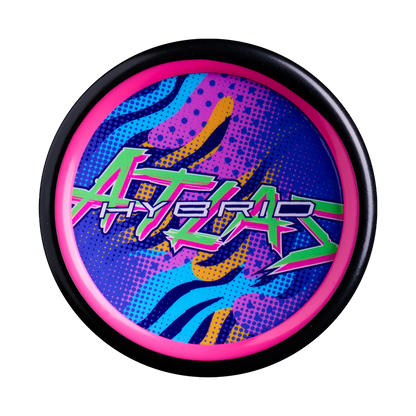 Circular end cap of the 2027 Louisville Slugger Atlas Hybrid Neon Night (-3) BBCOR Baseball Bat: WL2701801, featuring a neon-colored graphic with the word ATLAS in stylized green lettering and the word HYBRID in white.