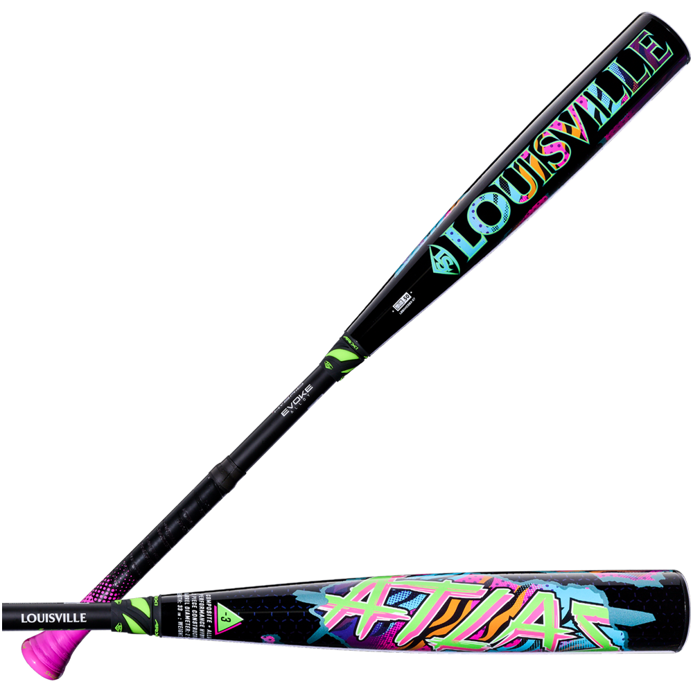 Two black 2027 Louisville Slugger Atlas Hybrid Neon Night (-3) BBCOR Baseball Bats displayed in an X-shape, featuring vibrant neon-colored, graffiti-style text and accents.