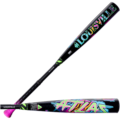 Two black 2027 Louisville Slugger Atlas Hybrid Neon Night (-3) BBCOR Baseball Bats displayed in an X-shape, featuring vibrant neon-colored, graffiti-style text and accents.