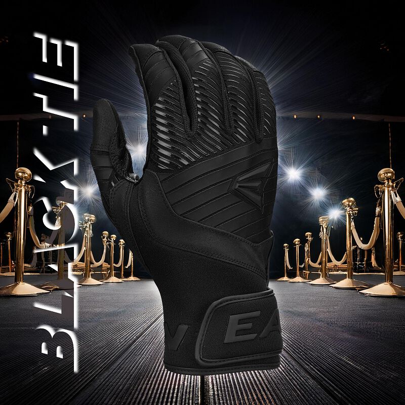 The Easton Walk Off Ethos Youth Batting Gloves (WO25YBG) by Easton are displayed upright on a platform, framed by gold stanchions and bright spotlights. The black glove features durable, textured details with "BLACK-THE" vertically on the left side.