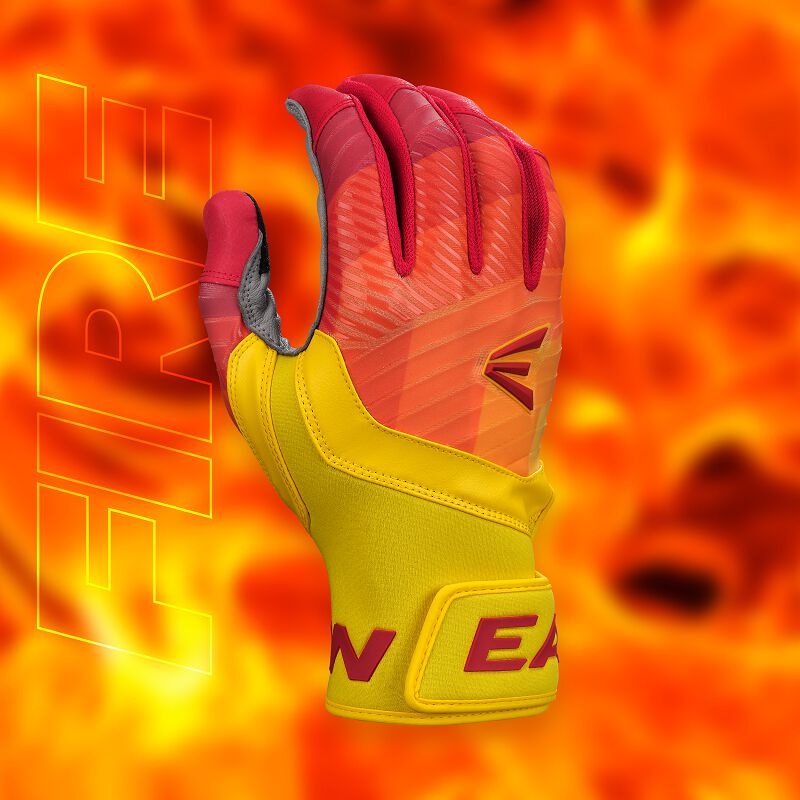 The Easton Walk Off Ethos Youth Batting Gloves (WO25YBG) stand upright in red and yellow with a fiery flame background. "FIRE" is boldly displayed in transparent letters along the left side next to the Easton gloves.