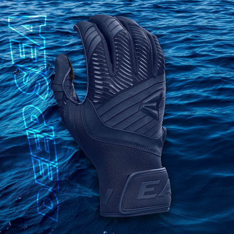An Easton Walk Off Ethos Youth Batting Glove (WO25YBG) stands upright against a rippling blue ocean, with "DEEP SEA" glowing in neon blue vertically along the left side. Brand: Easton.