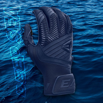 An Easton Walk Off Ethos Youth Batting Glove (WO25YBG) stands upright against a rippling blue ocean, with "DEEP SEA" glowing in neon blue vertically along the left side. Brand: Easton.